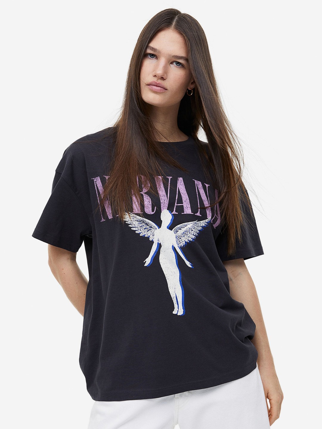 

H&M Women Oversized Nirvana Printed Cotton T-shirt, Charcoal