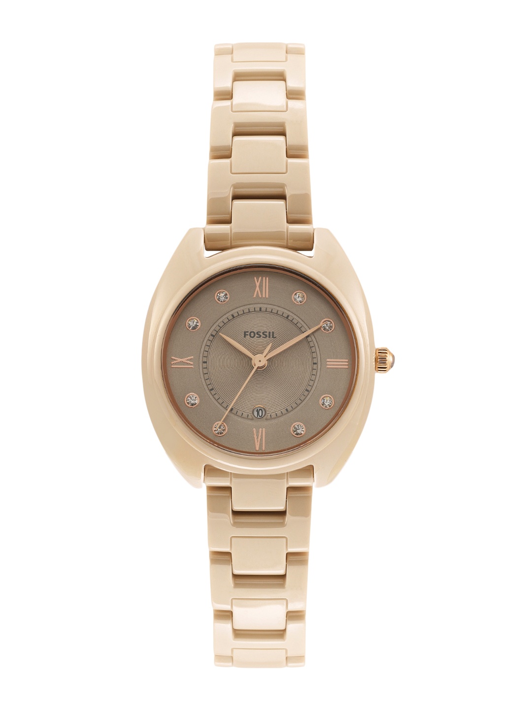 

Fossil Women Embellished & Textured Dial & Ceramic Bracelet Style Analogue Watch CE1110, Brown