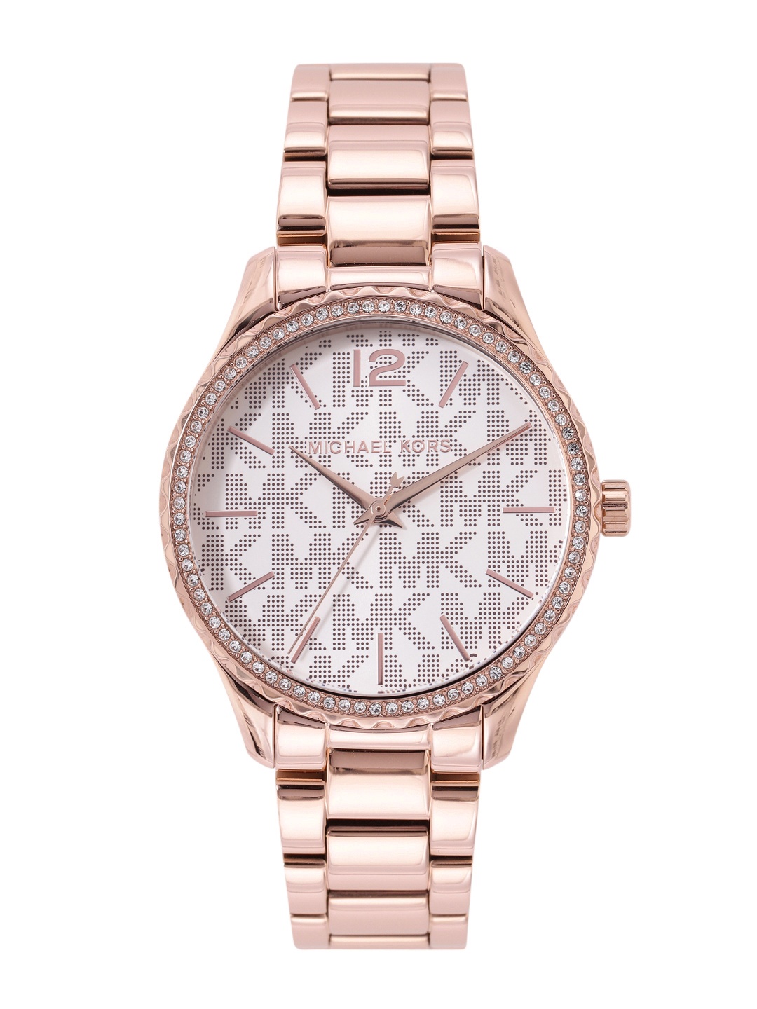 

Michael Kors Women Layton Brand Logo Printed Analogue Watch MK7297-Rose Gold, White