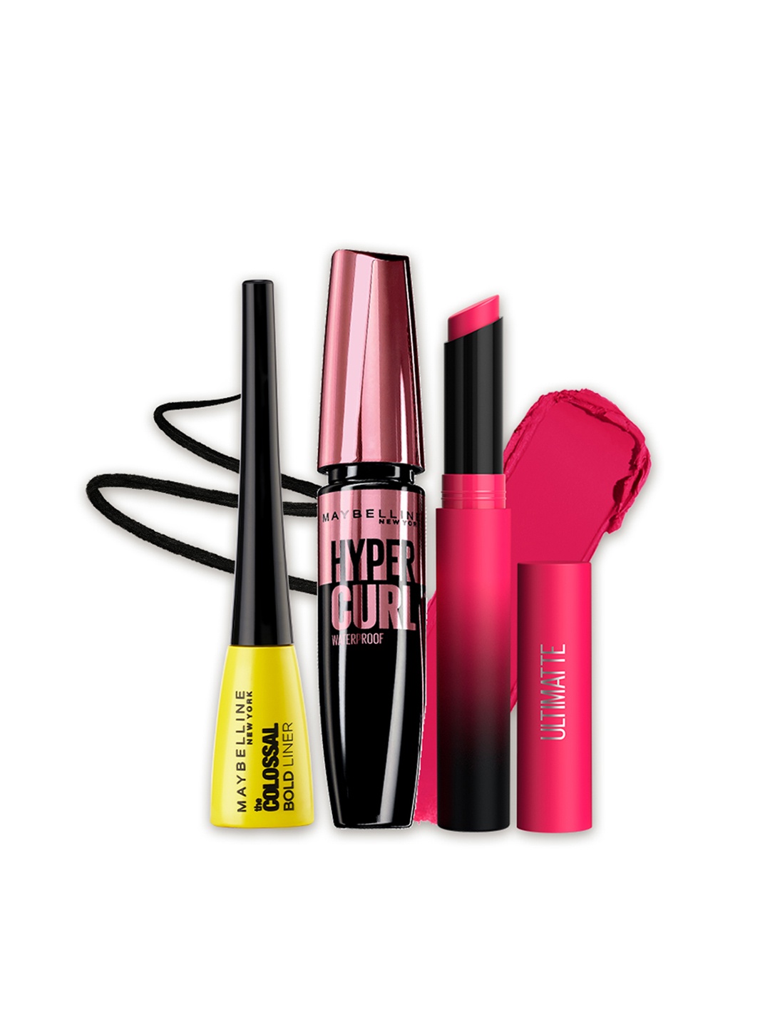 

Maybelline Set of Colossal Bold Eyeliner + Hyper Curl Mascara + Ultimatte Lipstick, Black