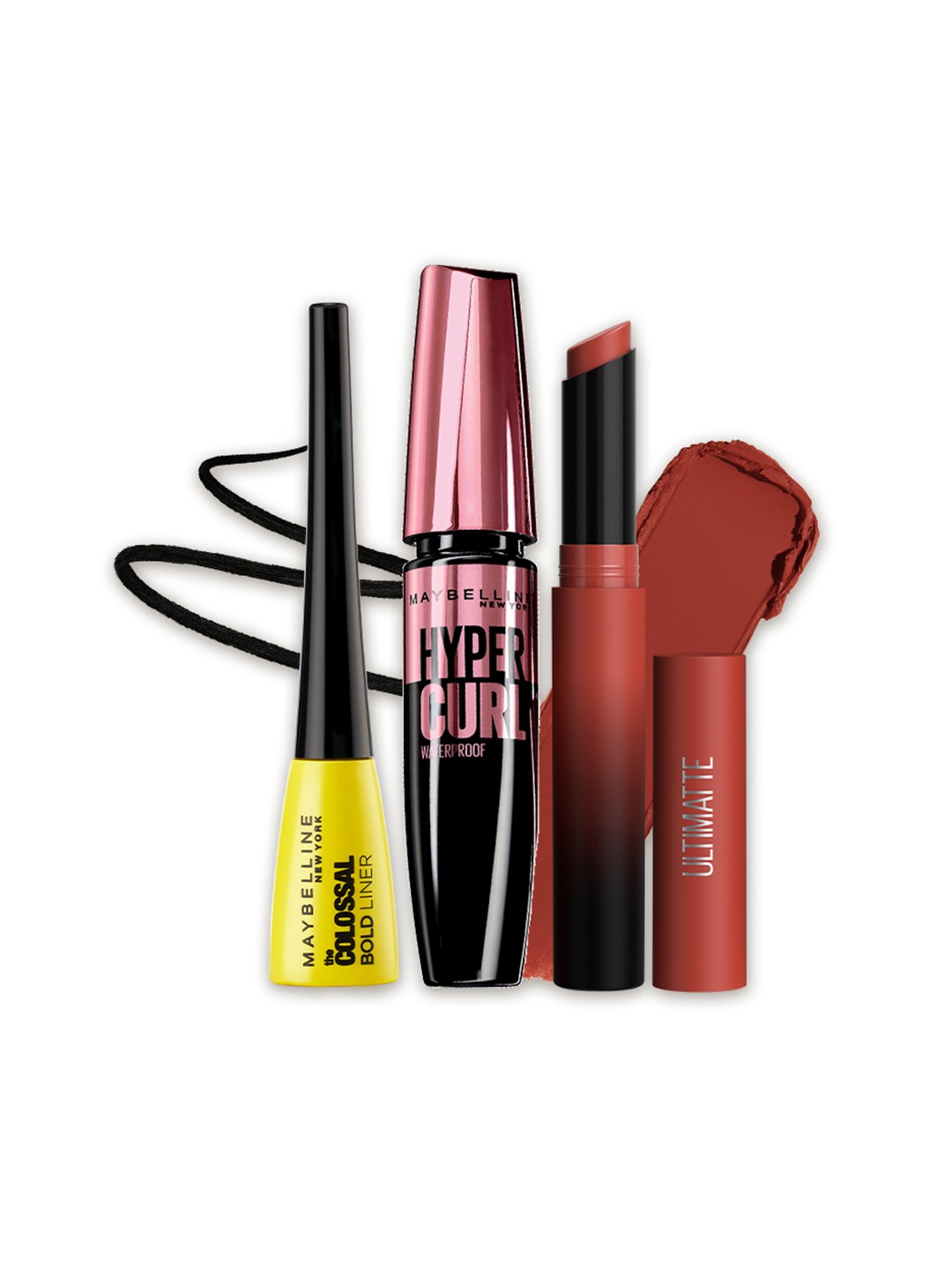 

Maybelline Eye & Lip Set- The Colossal Bold Liner+ Hyper Curl Mascara+ Ultimatte Lipstick, Black
