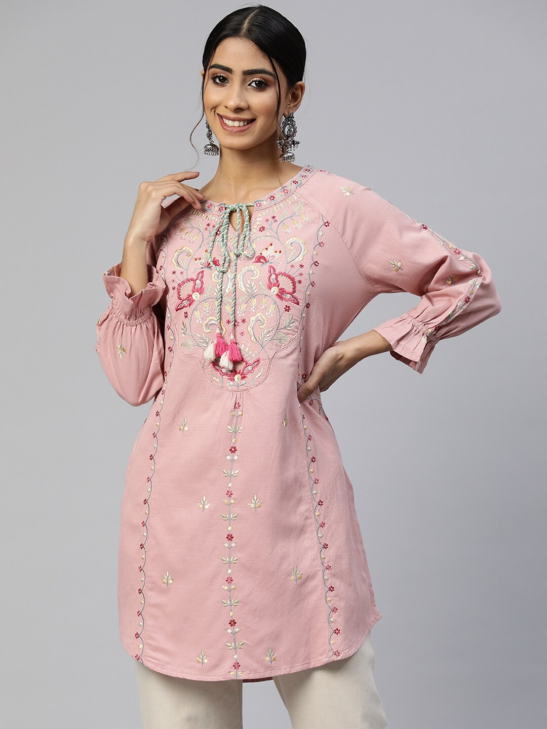 

Nayam By Lakshita Floral Embroidered Thread Work Pure Cotton Thread Work Panelled Kurti, Peach