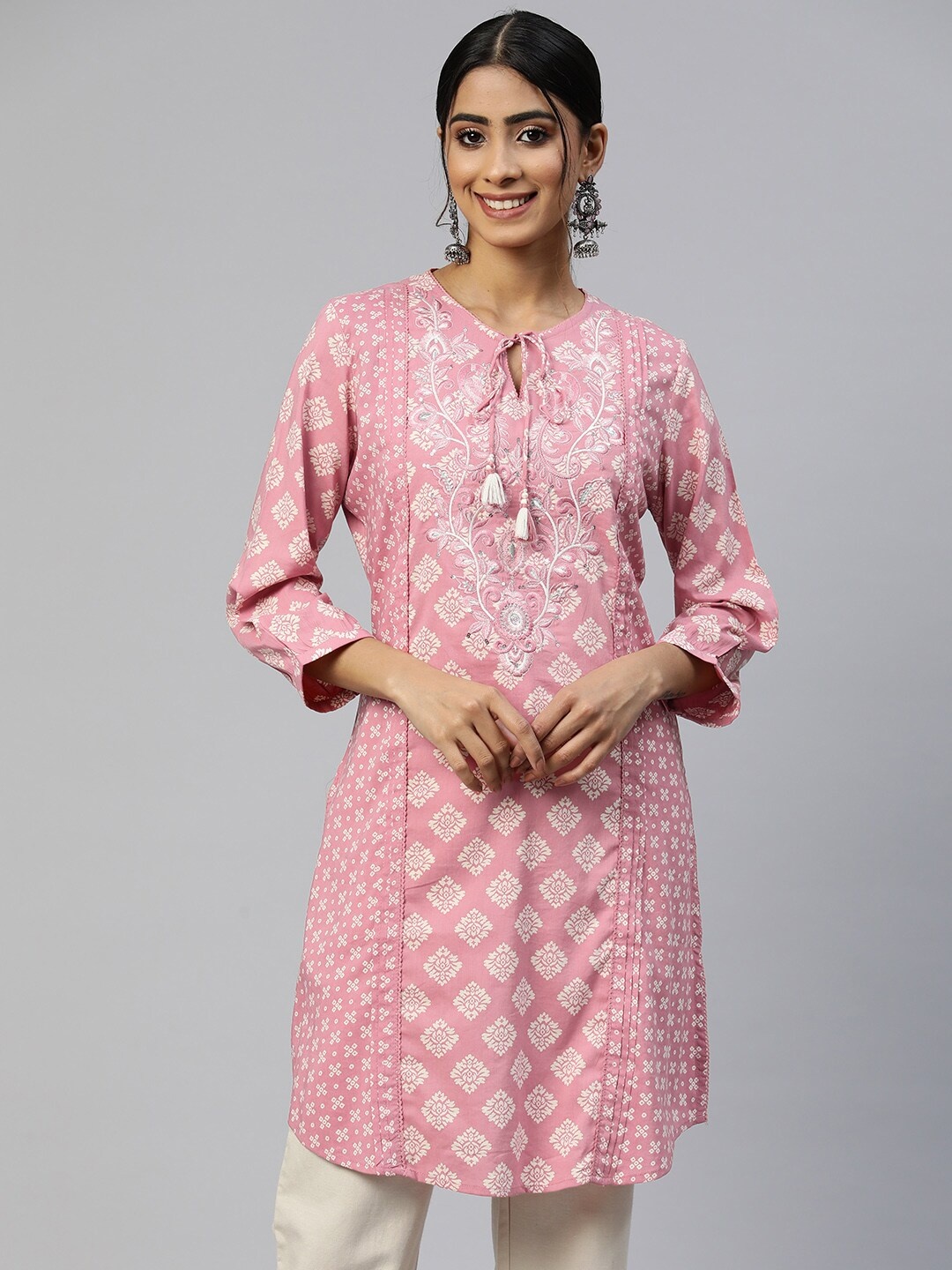 

Nayam By Lakshita Ethnic Motifs Printed Thread Work Tie-Up Neck Straight Kurta, Pink