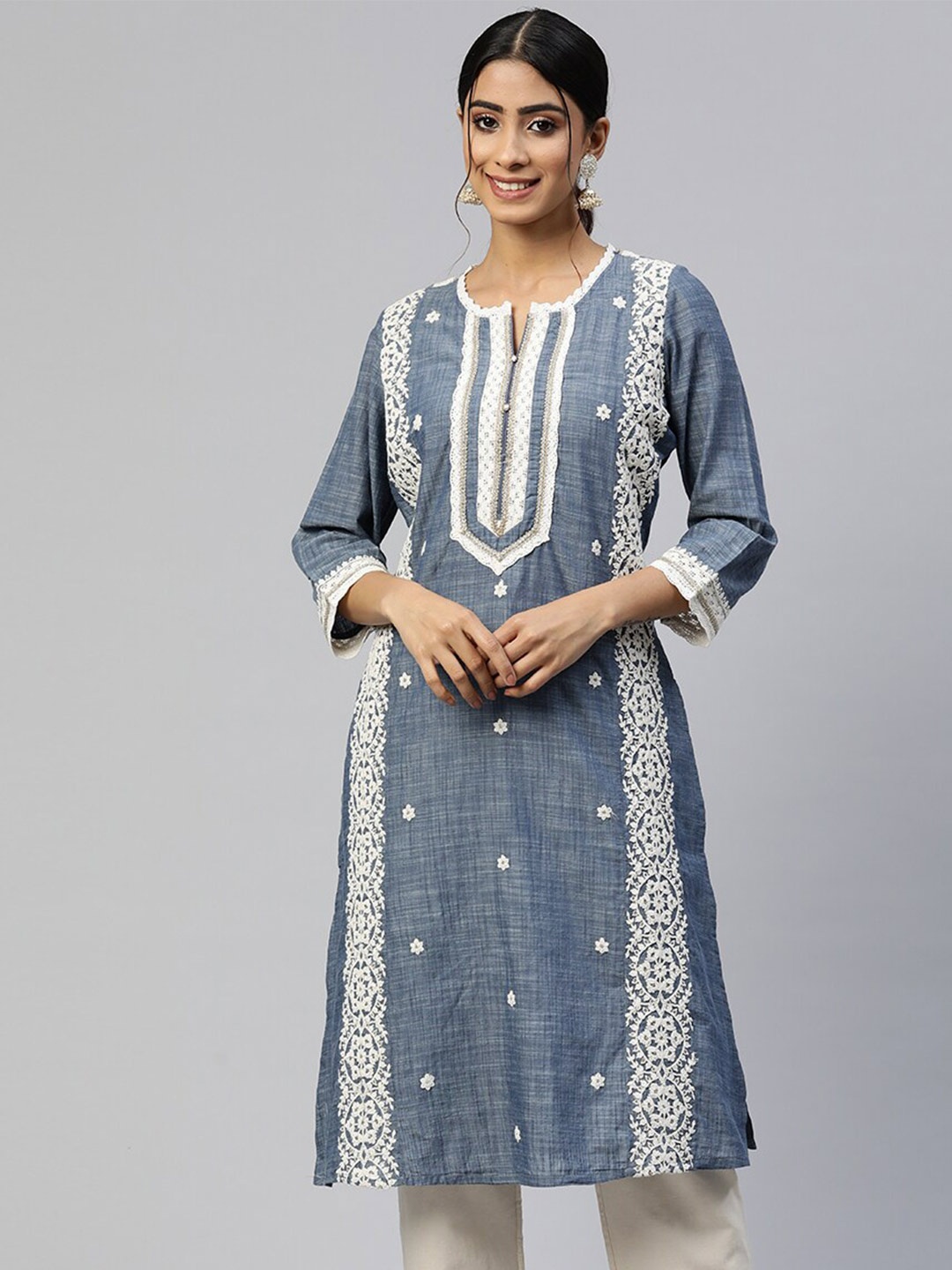 

Nayam By Lakshita Ethnic Motifs Embroidered Cotton Straight Kurta, Blue