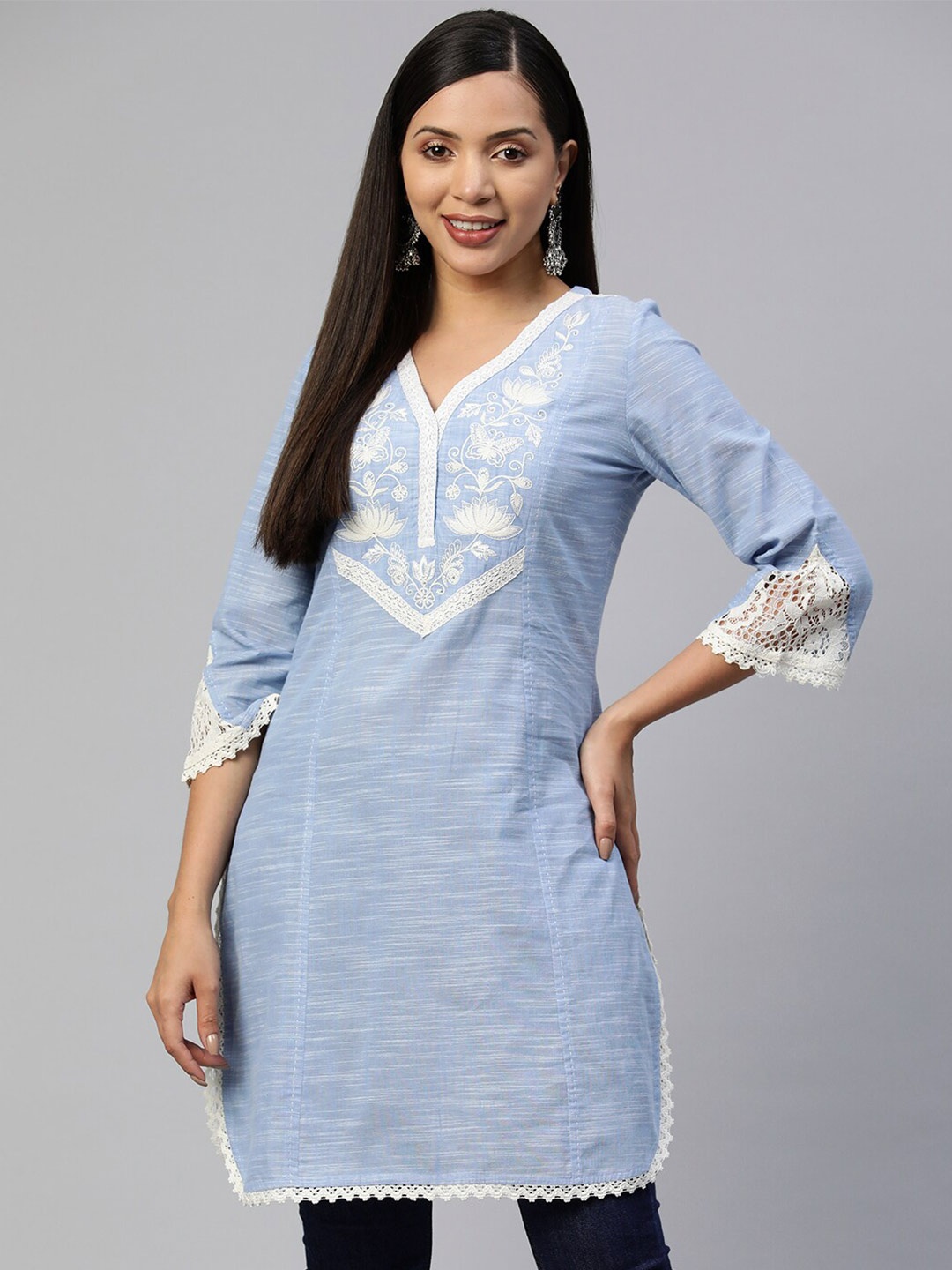 

Nayam By Lakshita Women Floral Yoke Design Thread Work Pure Cotton Kurti, Blue