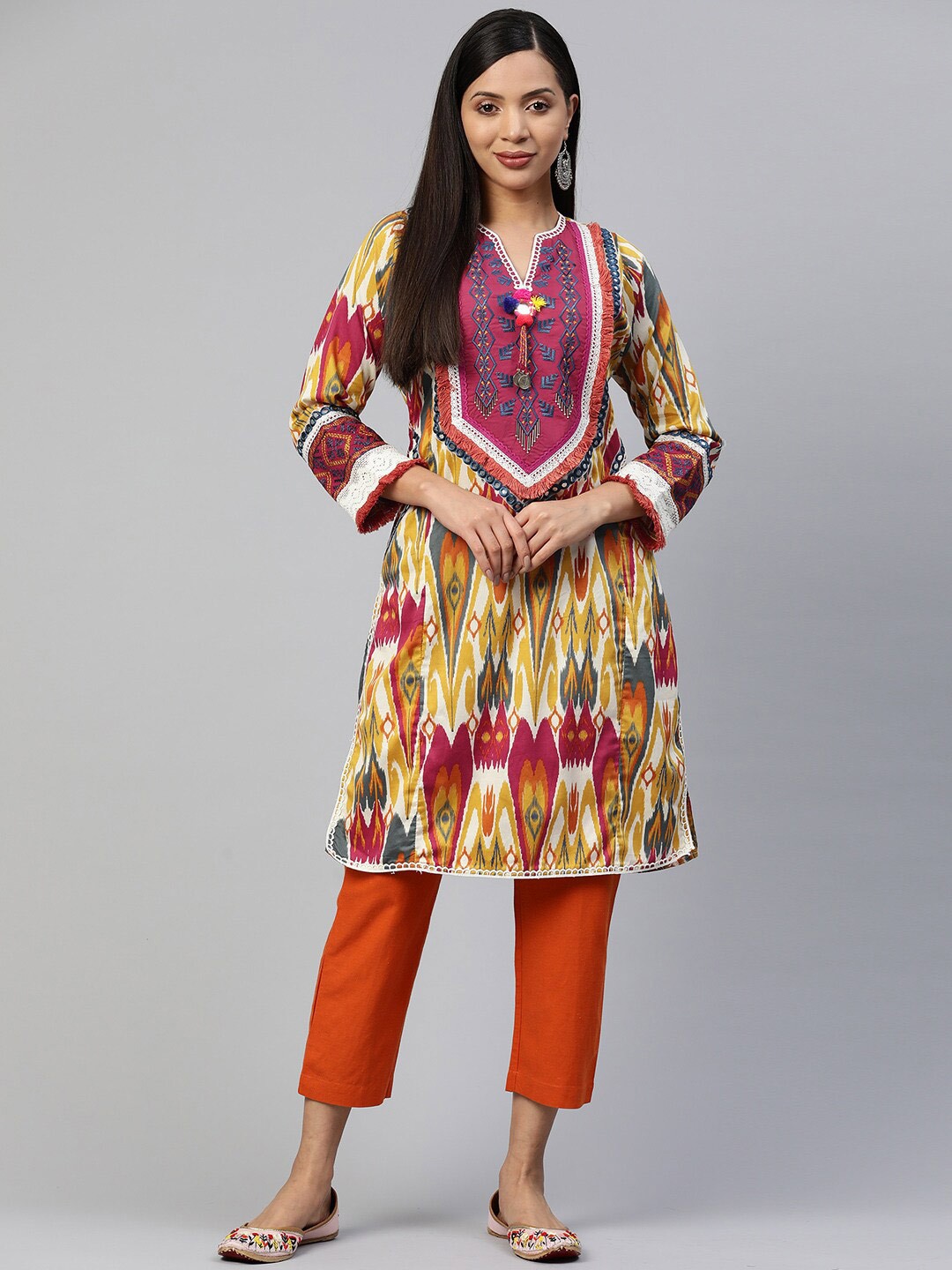 

Nayam By Lakshita Ethnic Motifs Printed Thread Work Pure Cotton Straight Kurta, Mustard