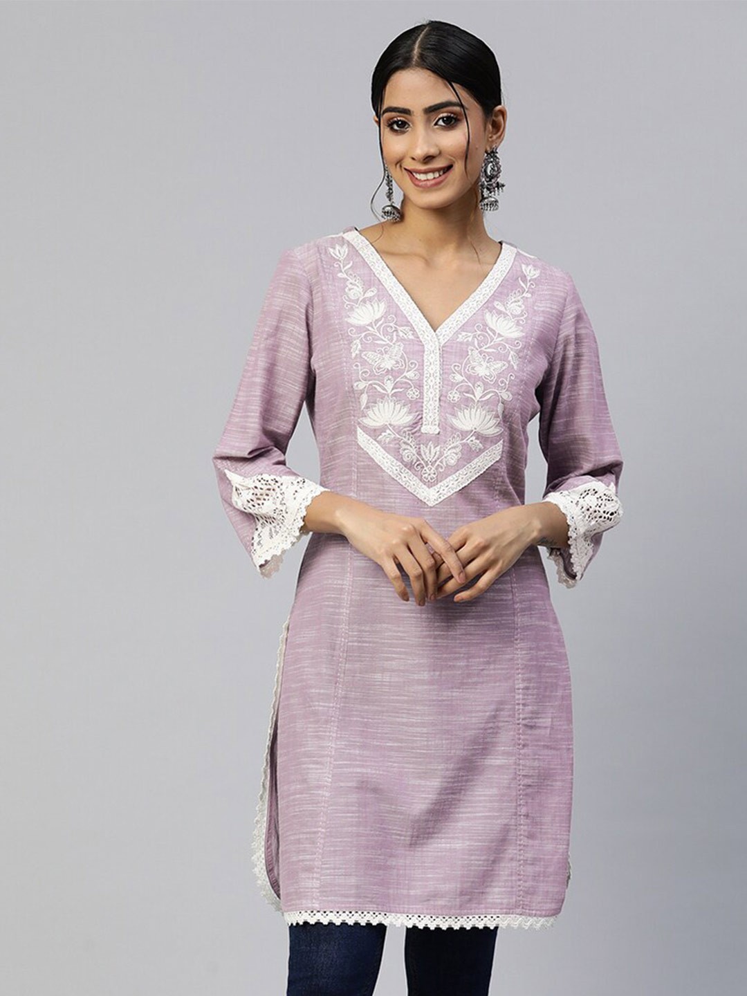 

Nayam By Lakshita Ethnic Motifs Embroidered V-Neck Chikankari Pure Cotton Panelled Kurti, Lavender