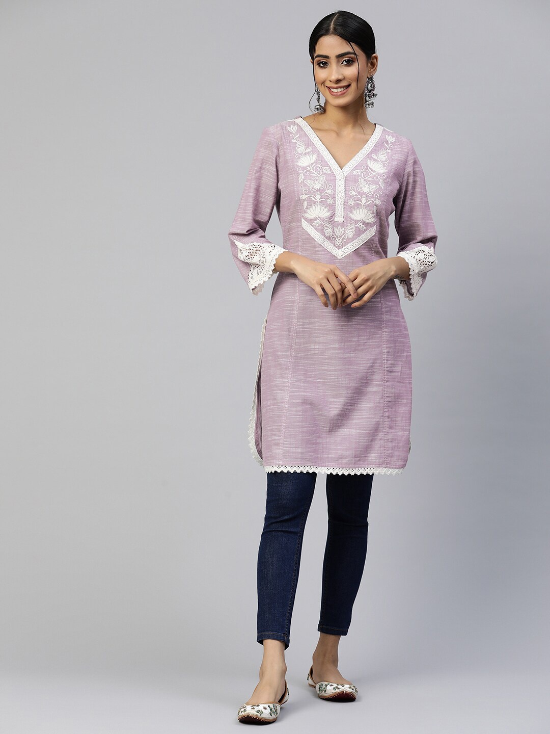 

Nayam By Lakshita Ethnic Motifs Embroidered Pure Cotton Regular Kurta, Lavender