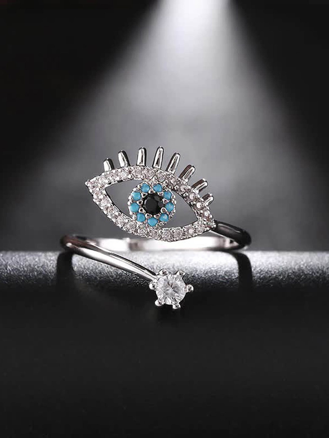 

Fashion Frill 925 Sterling Silver Cubic Zirconia Studded Evil Eye Shaped Finger Ring