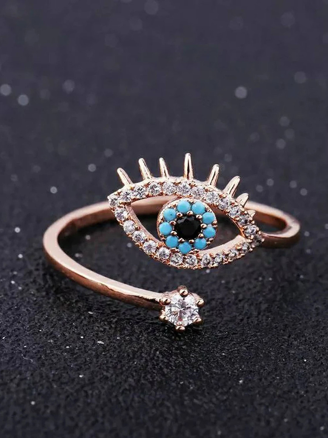 

Fashion Frill Rose Gold-Plated Cubic Zirconia Studded Evil Eye Adjustable Finger Ring, Silver
