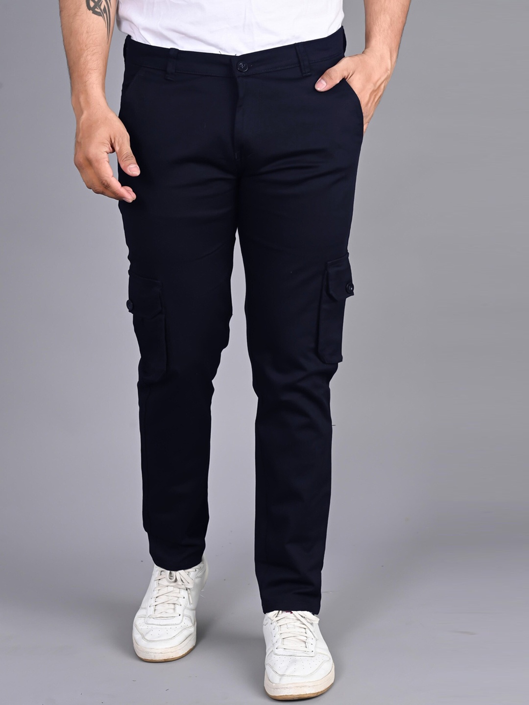 

FUBAR Men Mid Rise Slim Fit Cargo Trousers, Navy blue