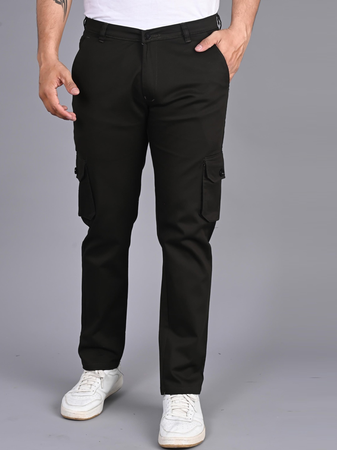 

FUBAR Men Slim Fit Mid-Rise Cargos Trousers, Black
