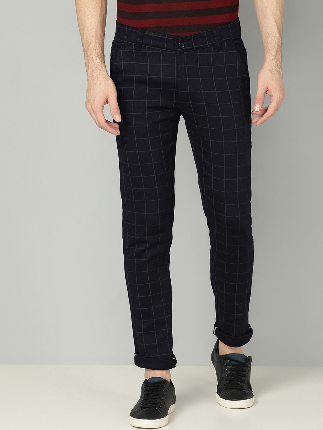 

FUBAR Men Checked Slim Fit Easy Wash Trousers, Black