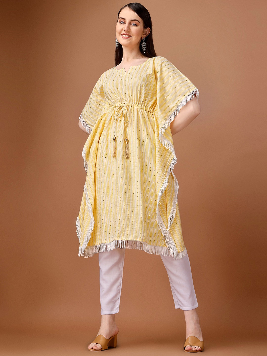 

HERE&NOW Yellow Striped Sequinned Flared Sleeves Kaftan Pure Cotton Kurta