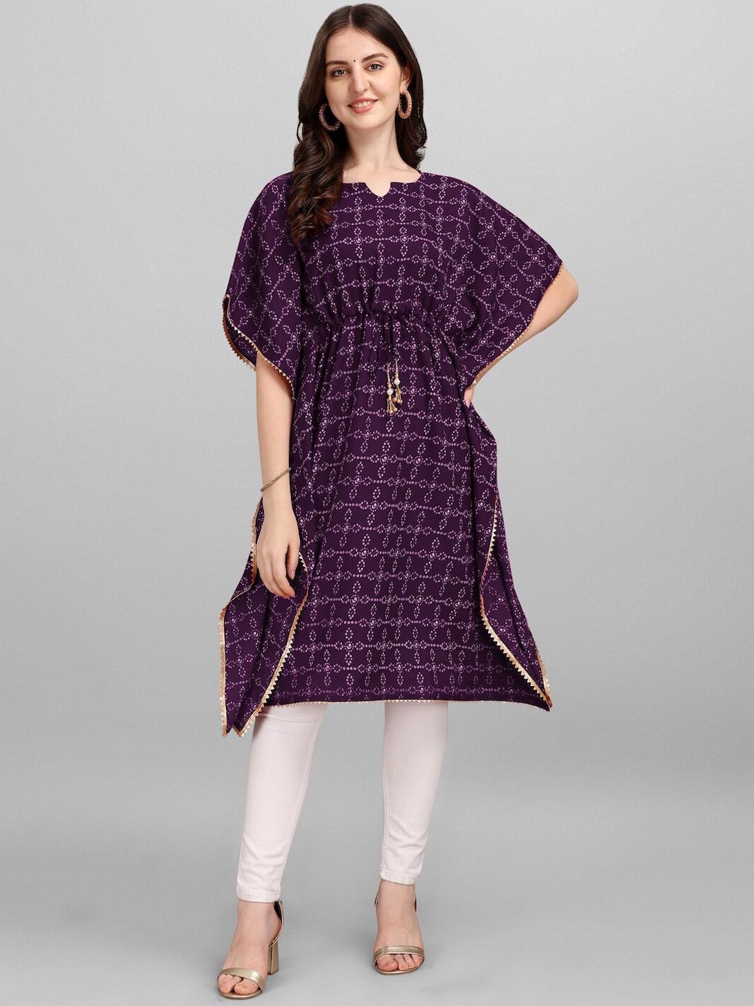 

HERE&NOW Purple Bandhani Printed Gotta Patti Kaftan Cotton Kurta