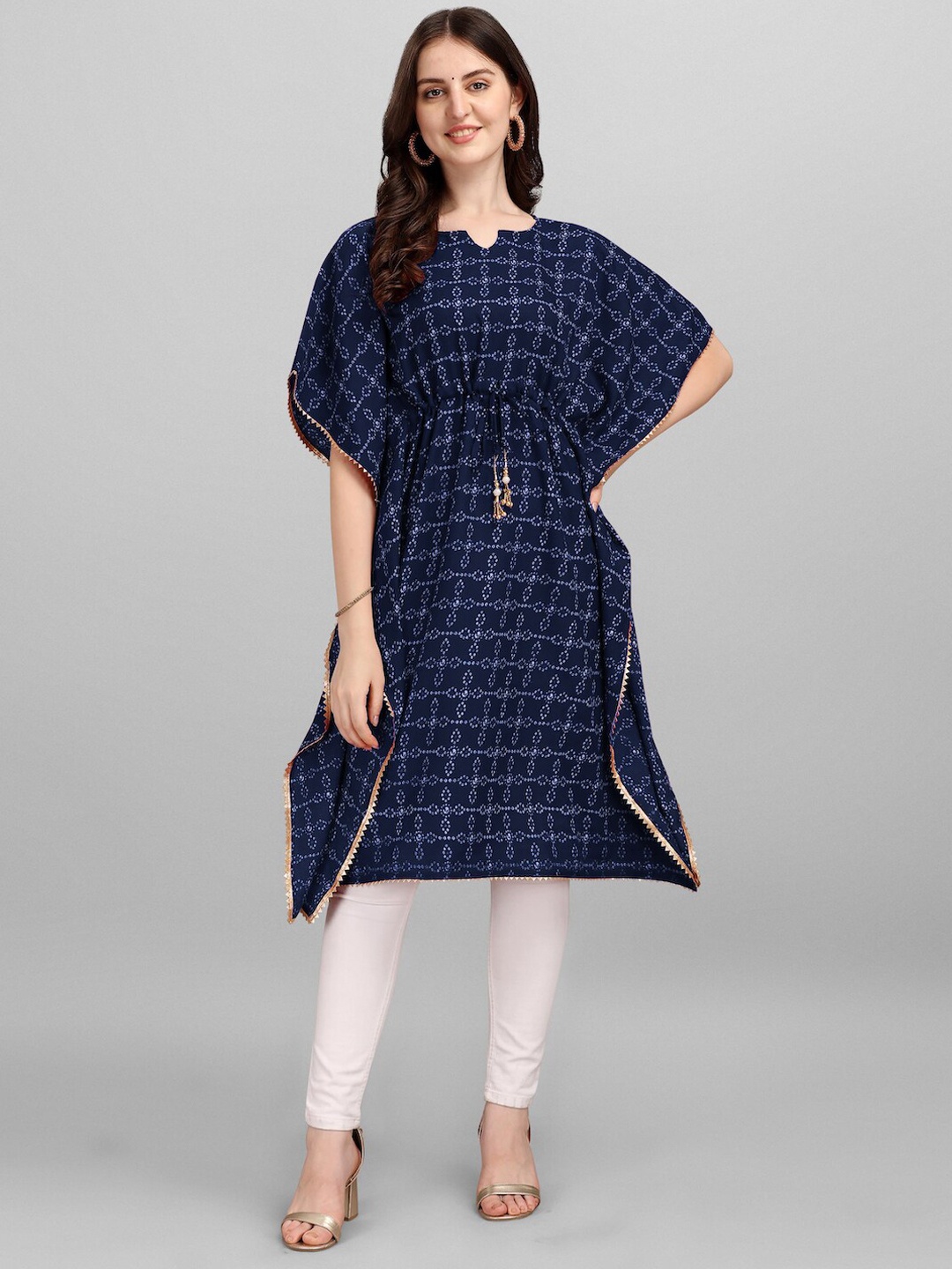 

HERE&NOW Navy Blue Bandhani Printed Gotta Patti Kaftan Cotton Kurta