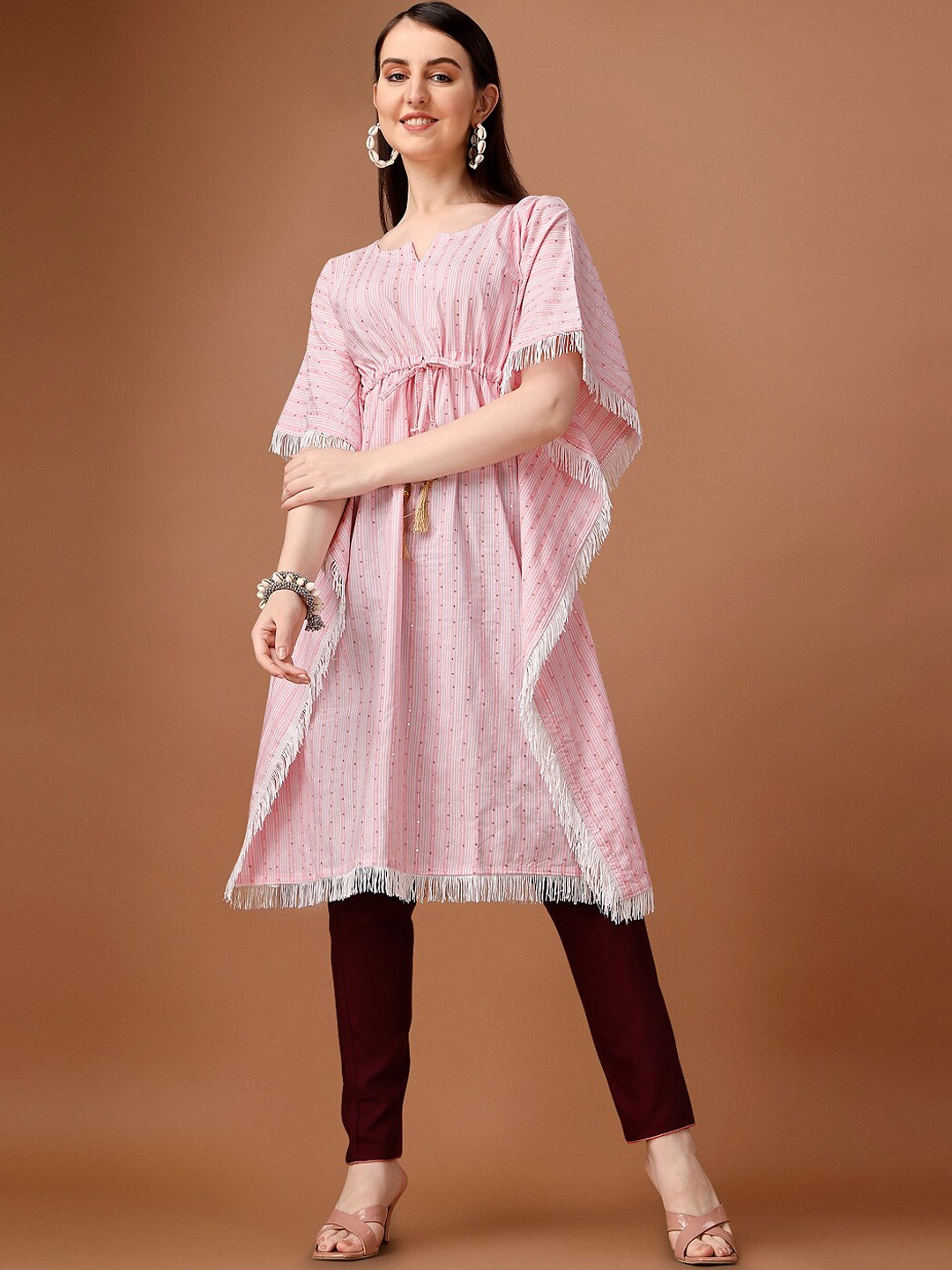 

HERE&NOW Striped Sequined Gathered Kimono Sleeves Thread Work Kaftan Cotton Kurta, Pink