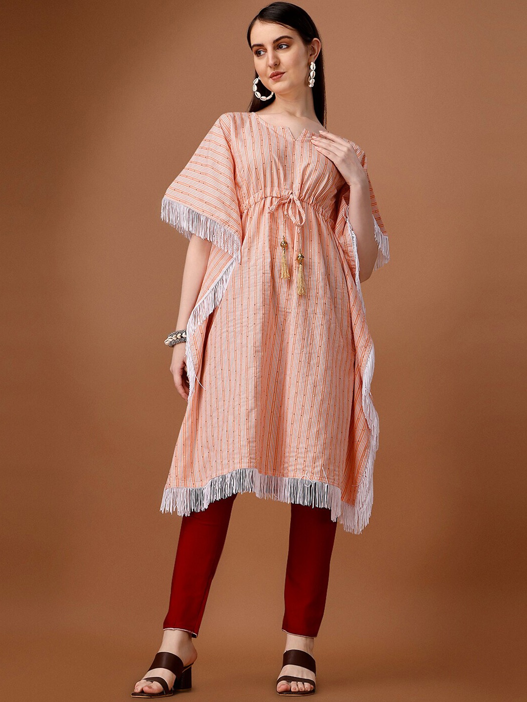 

HERE&NOW Peach-Color & White Flared Sleeves Striped Sequined Kaftan Cotton Kurta