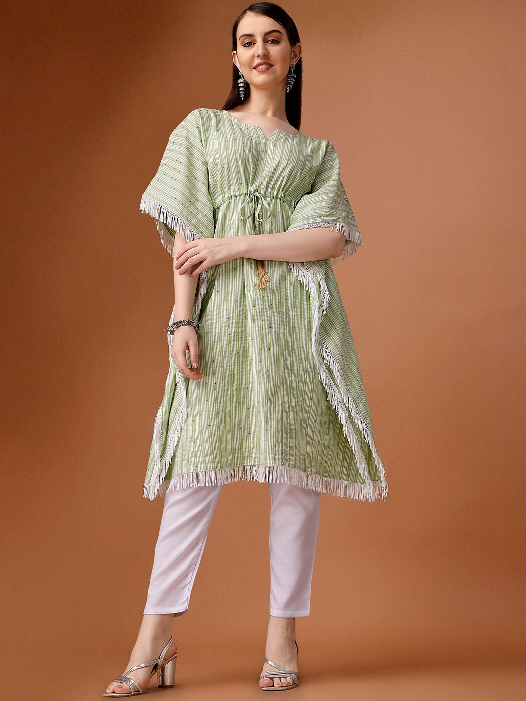 

HERE&NOW Green & White Flared Sleeves Striped Sequined Kaftan Cotton Kurta