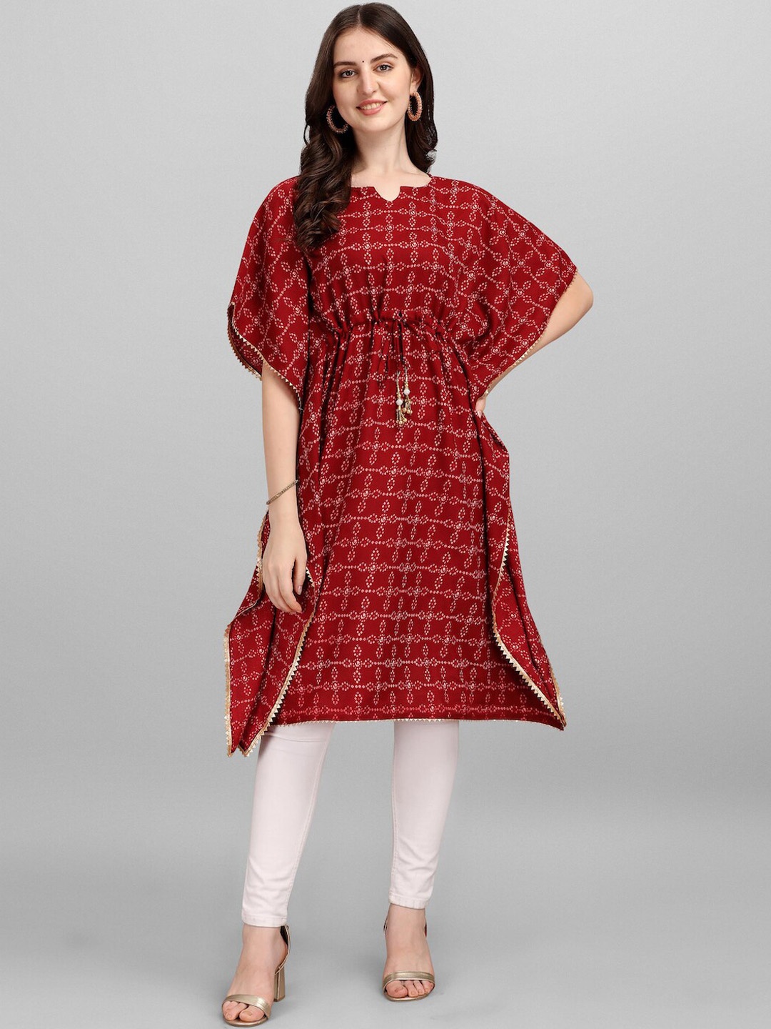 

HERE&NOW Maroon Bandhani Printed Gotta Patti Kaftan Cotton Kurta