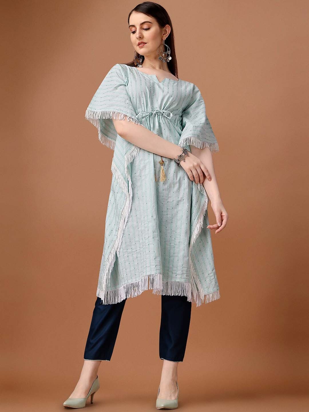 

HERE&NOW Sea Green & White Flared Sleeves Striped Sequined Kaftan Cotton Kurta