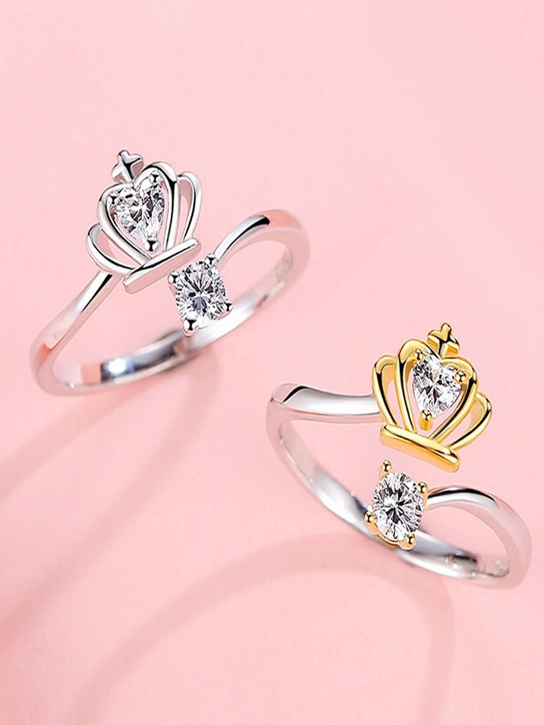 

UNIVERSITY TRENDZ Set Of 2 Silver & Gold-Plated Crystal-Studded Rings
