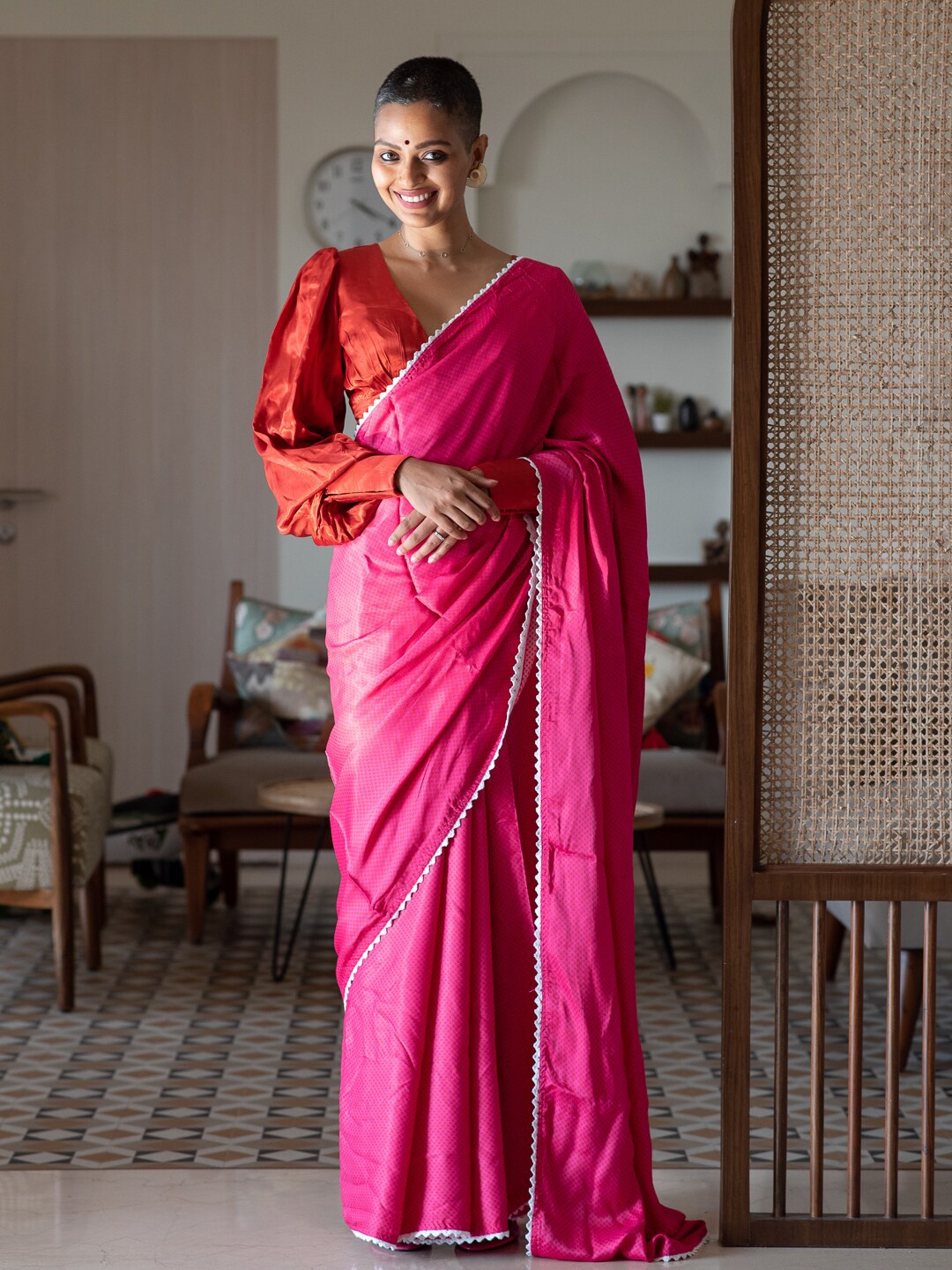 

Suta Pink & Red Polka Dot Liva Saree