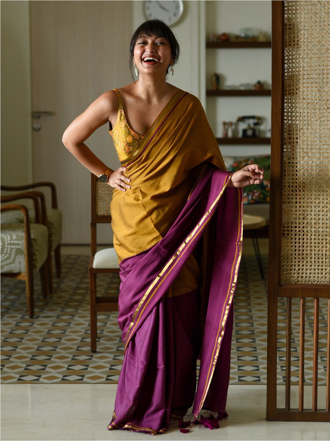 

Suta Purple & Yellow Colourblocked Zari Saree