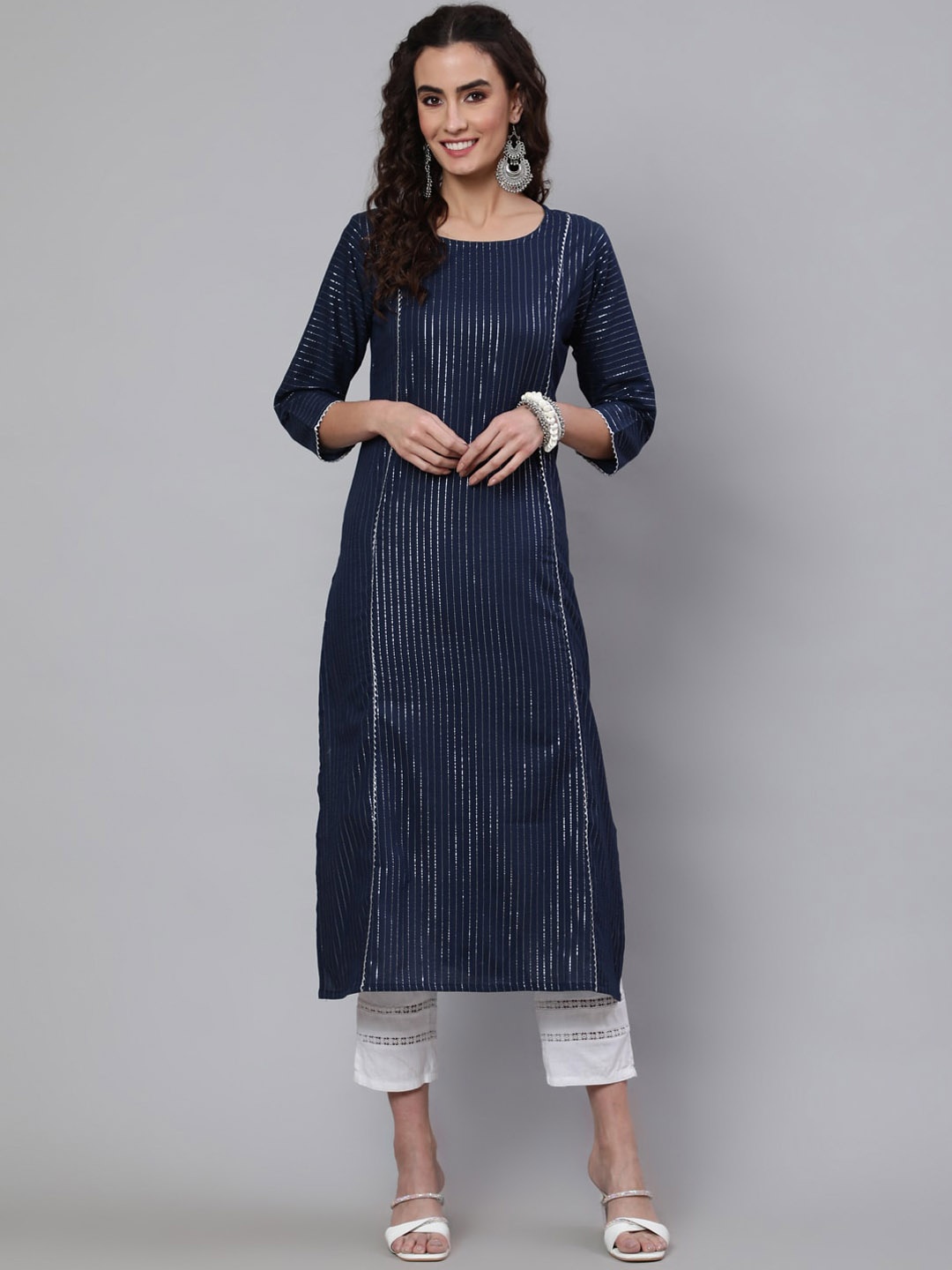 

Nayo Striped Gotta Patti Details Cotton Straight Kurta, Navy blue