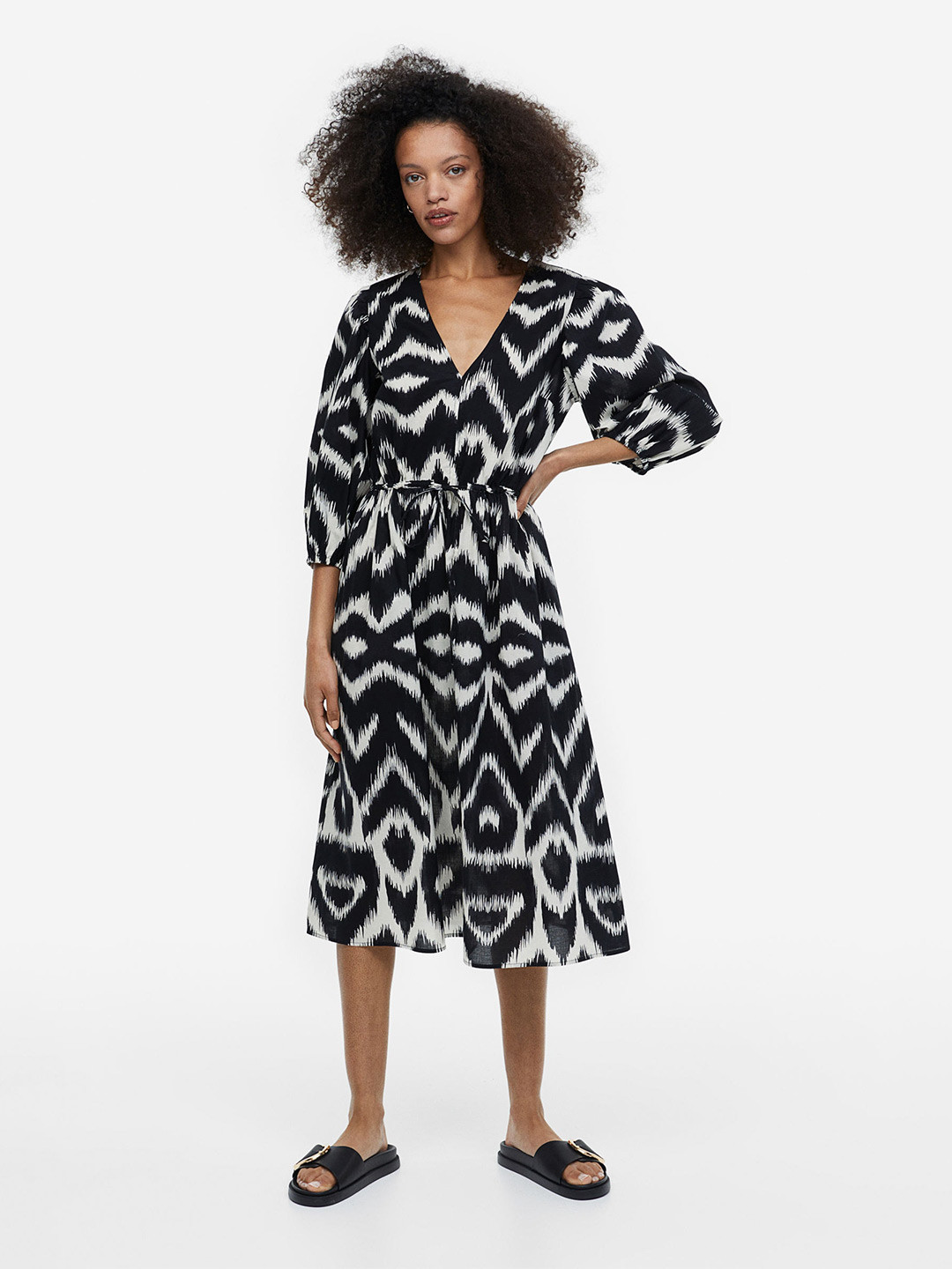 

H&M Abstract Printed Balloon-Sleeved Cotton Dress, Black