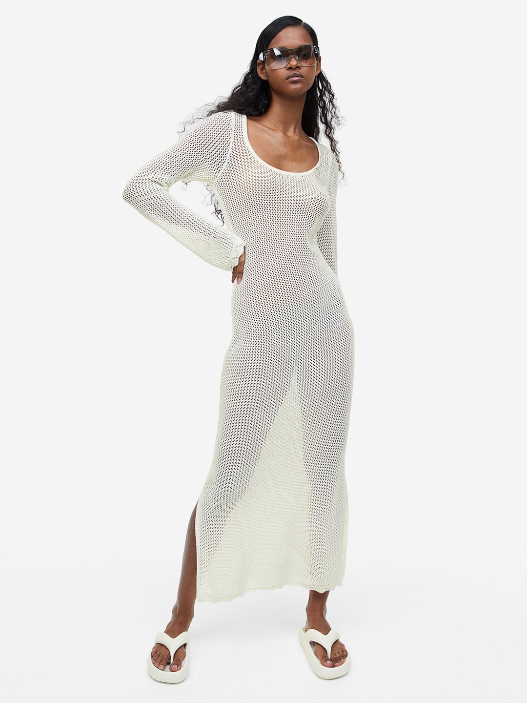 

H&M Tie-Detail Hole-Knit Dress, White