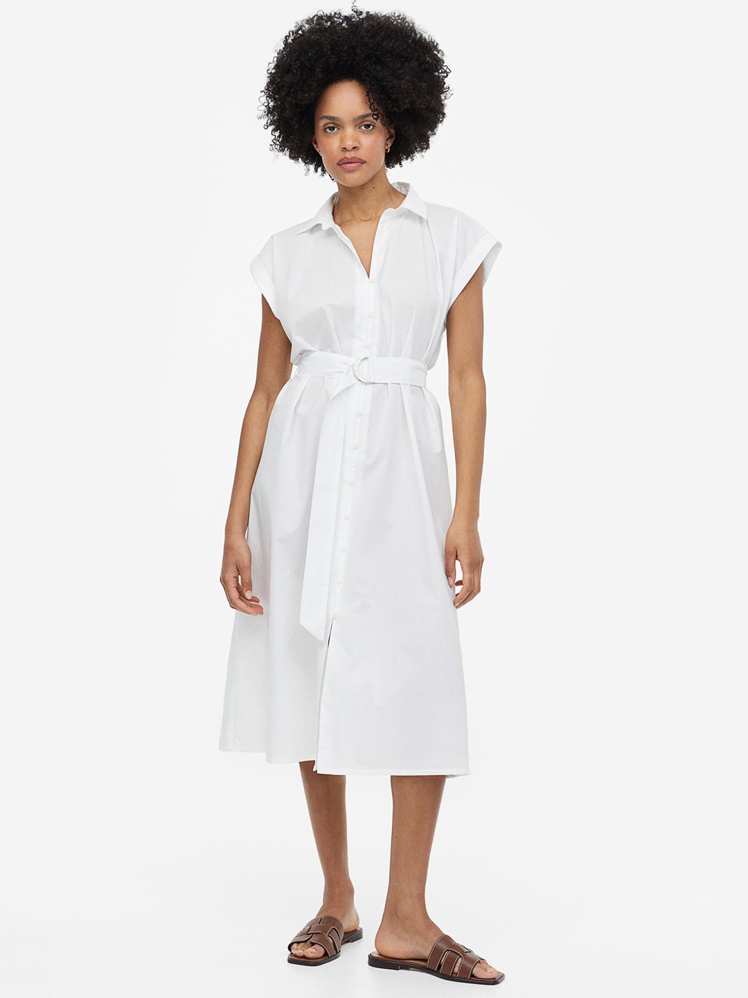 

H&M Belted Cotton Shirt Dress, White