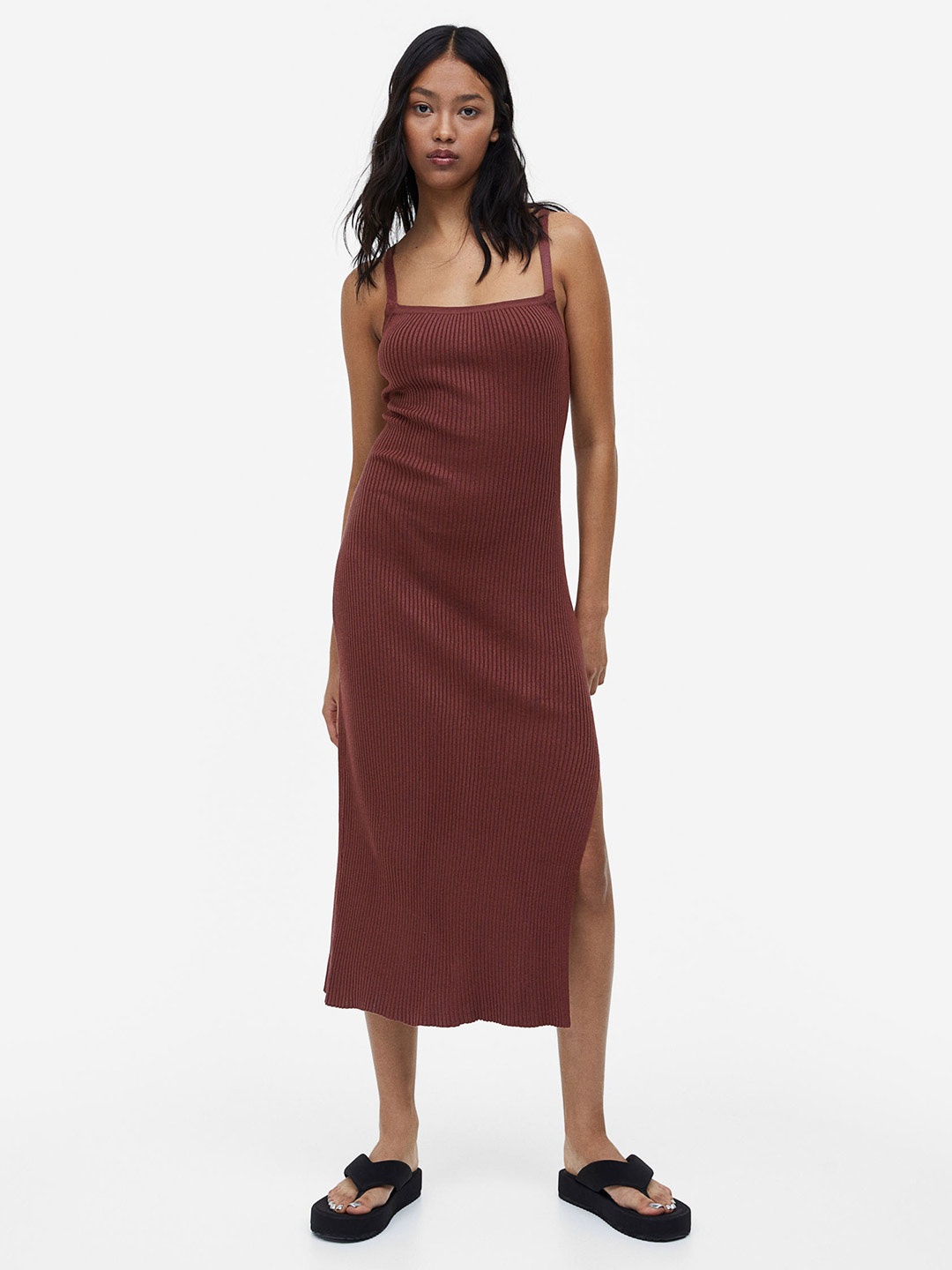 

H&M Open-Backed Rib-Knit Dress, Brown
