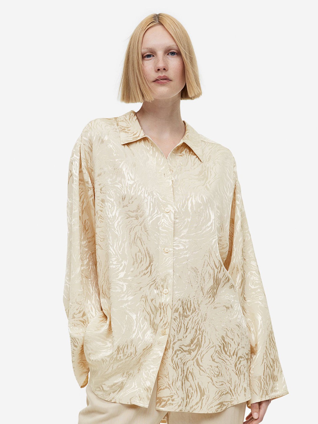 

H&M Oversized Jacquard-weave Shirt, Beige