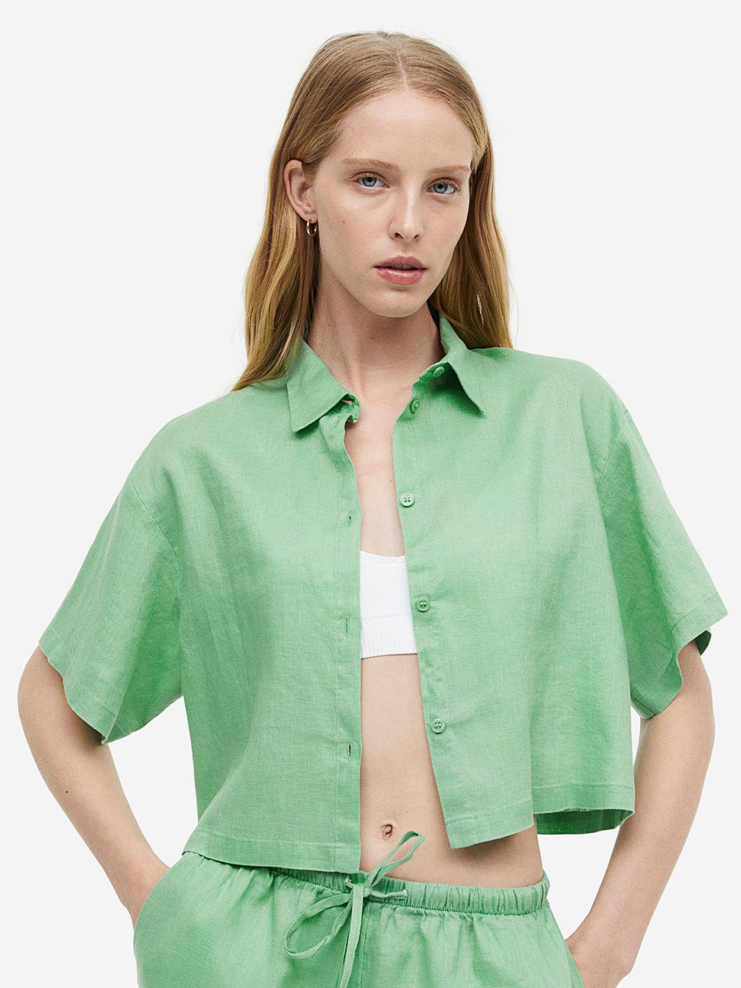 

H&M Women Cropped Linen Shirt, Green