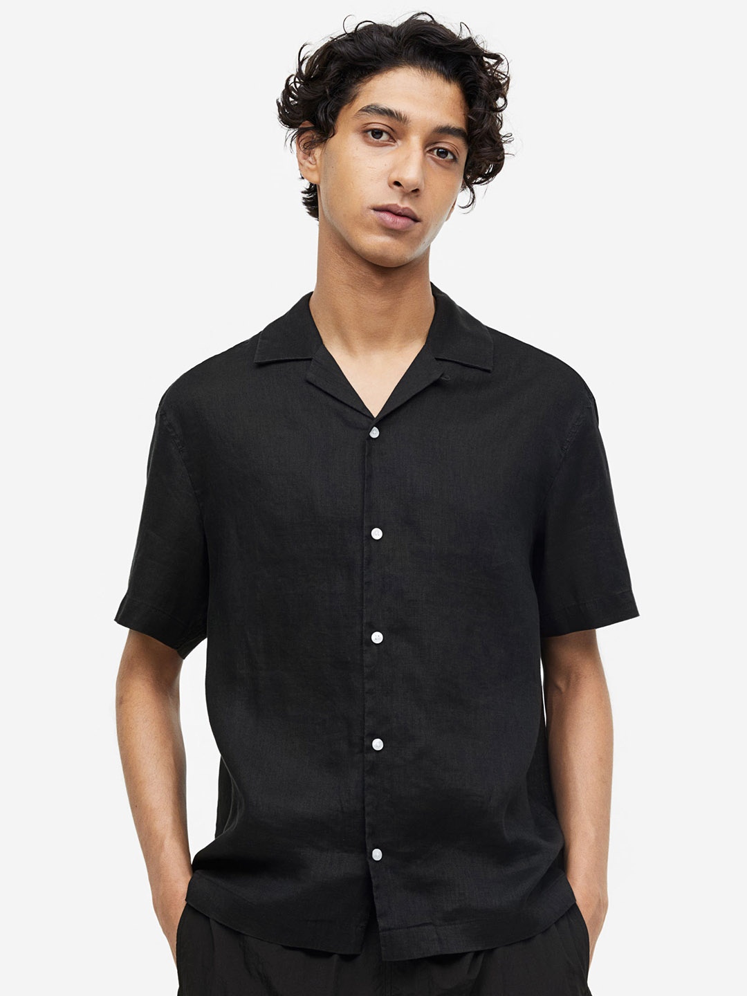 

H&M Relaxed Fit Linen resort shirt, Black