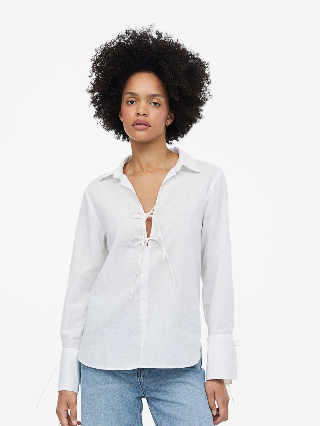

H&M Women Linen-Blend Pop-Over Shirt, White