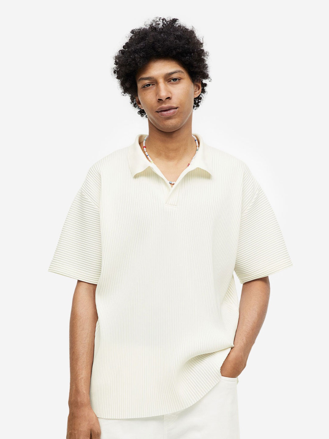 

H&M Men Relaxed Fit Pleated Polo Shirt, White