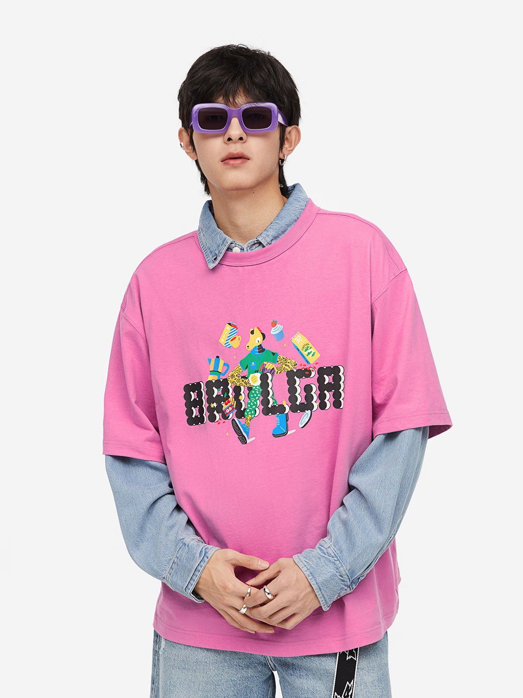 

H&M Men Loose Fit Printed T-Shirt, Pink