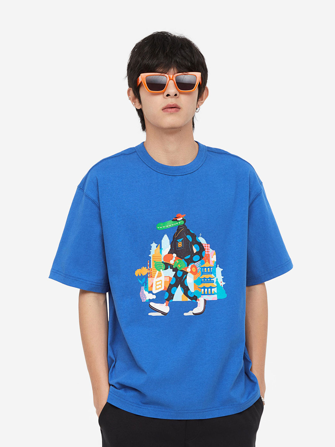

H&M Men Loose Fit Printed T-shirt, Blue