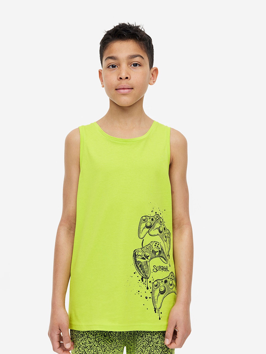 

H&M Boys 3-Pack Printed Cotton Vest Tops, Lime green