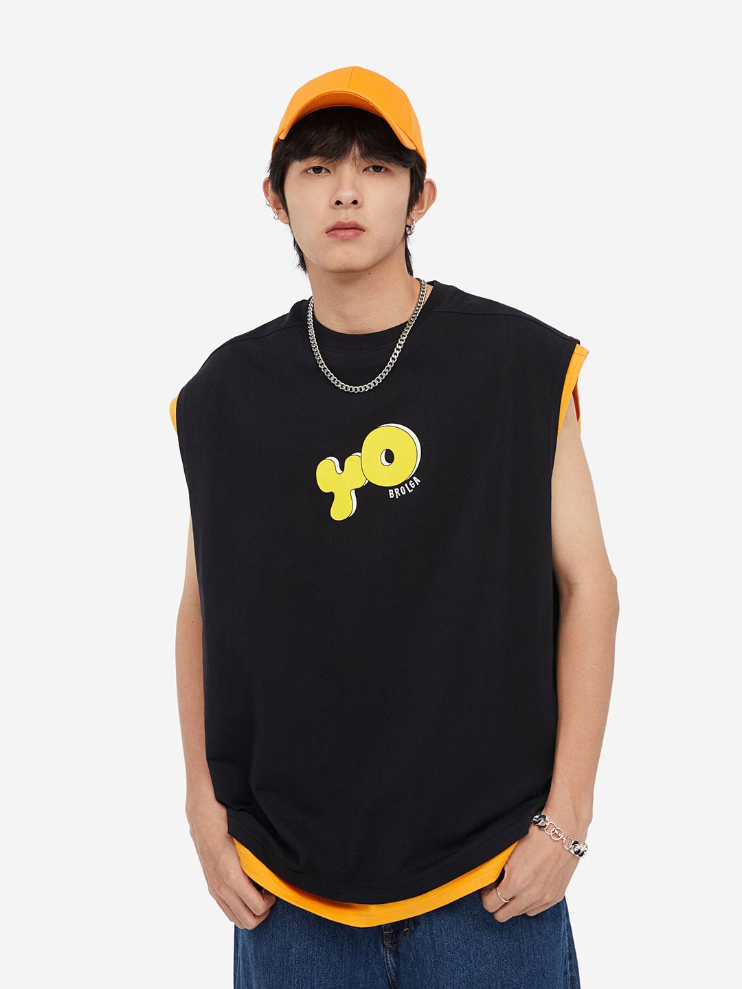 

H&M Men Loose Fit Printed Cotton Vest Top, Black