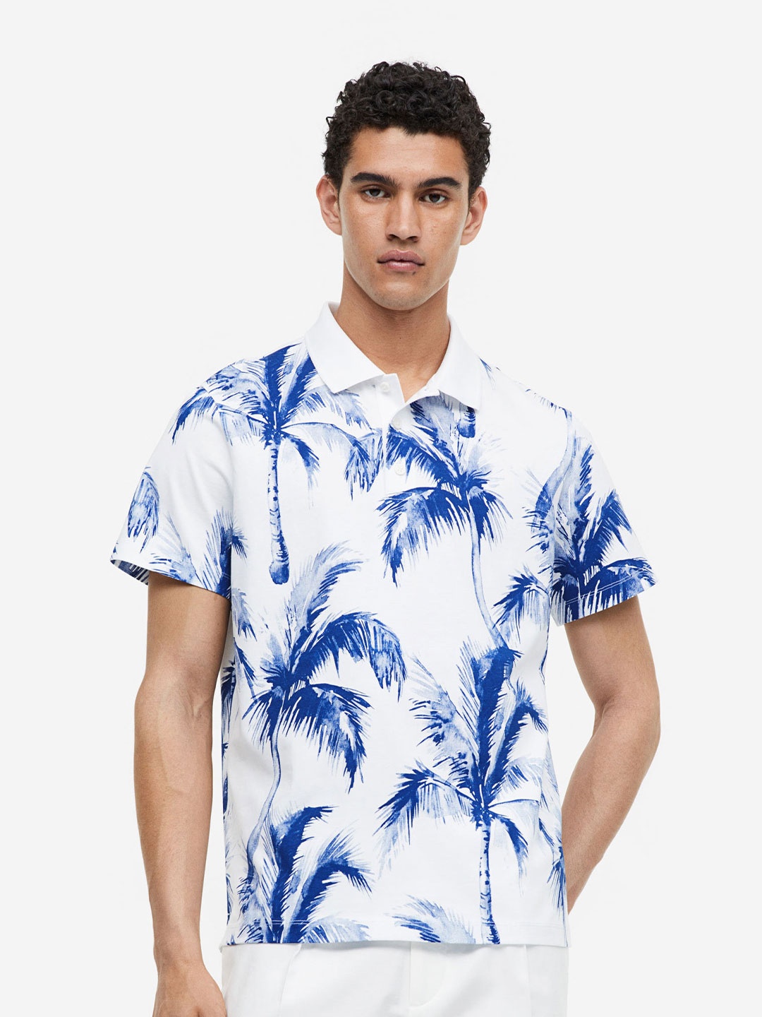 

H&M Men Regular Fit Printed Cotton Polo Shirt, White