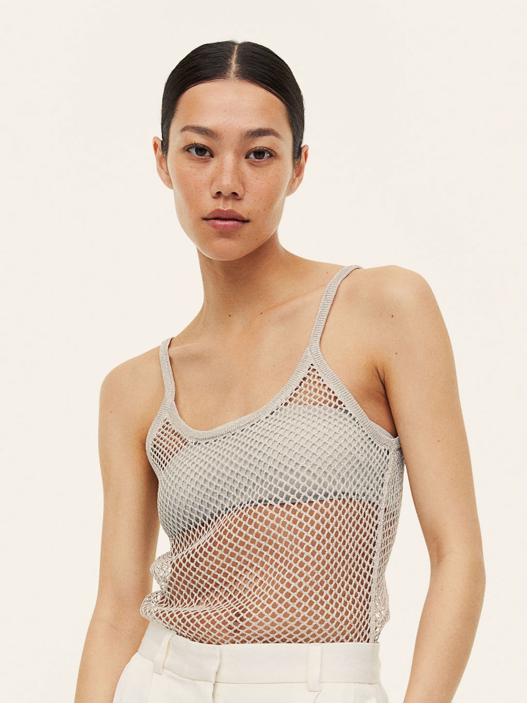 

H&M Women Glittery Hole-Knit Strappy Top, Grey