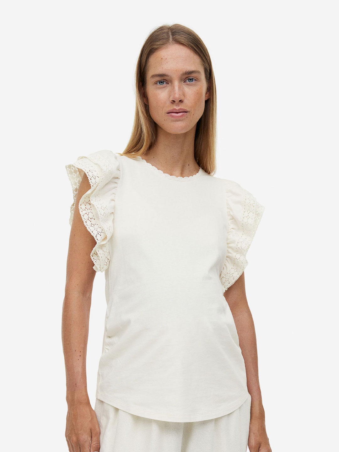 

H&M MAMA Flutter-Sleeved Cotton Top, White