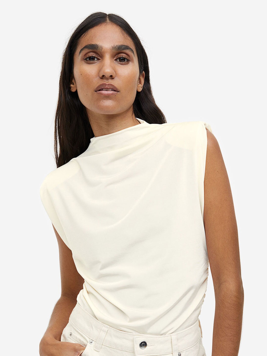 

H&M Draped Shoulder-Pad Top, White