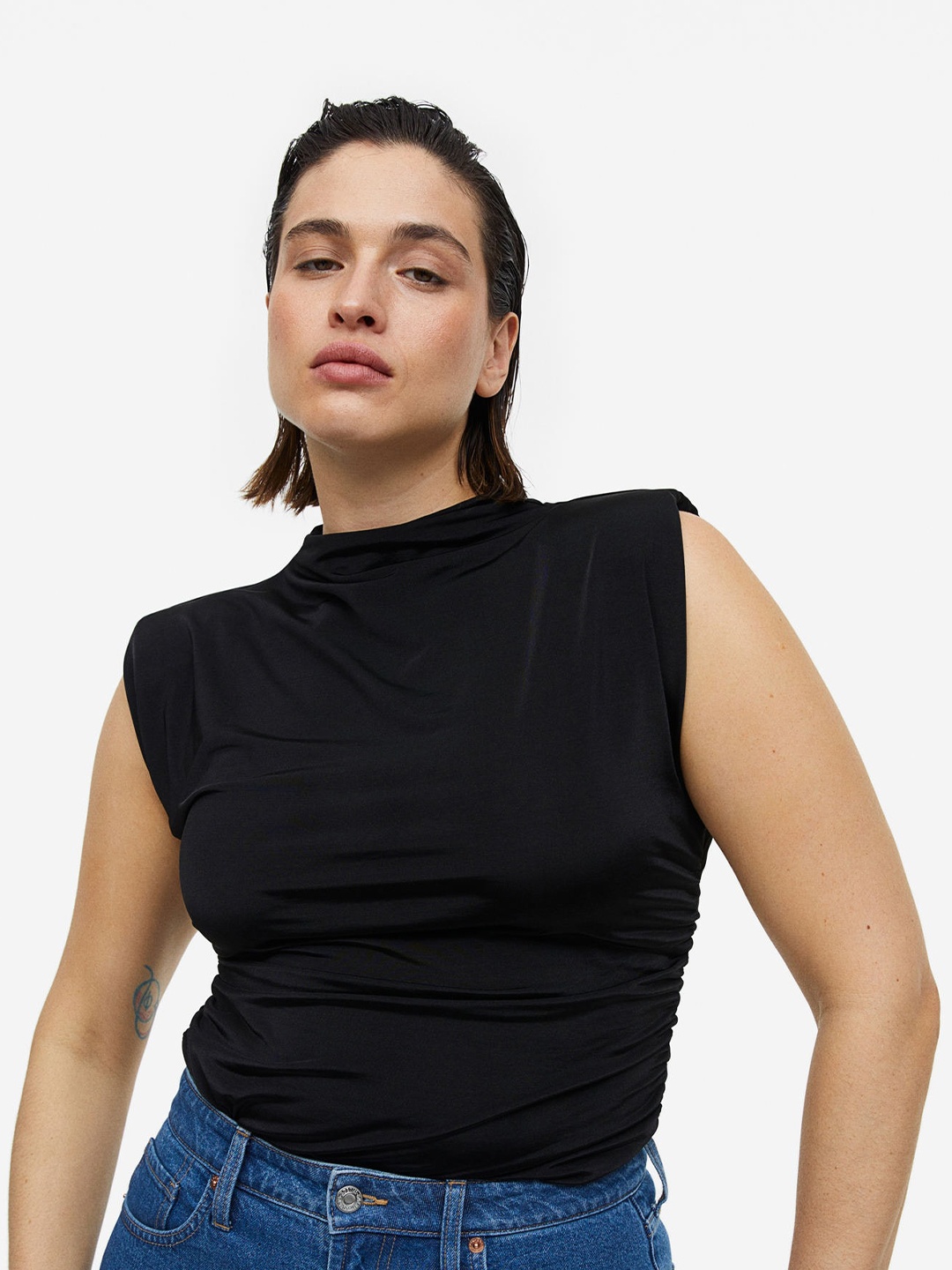 

H&M Draped Shoulder-Pad Top, Black