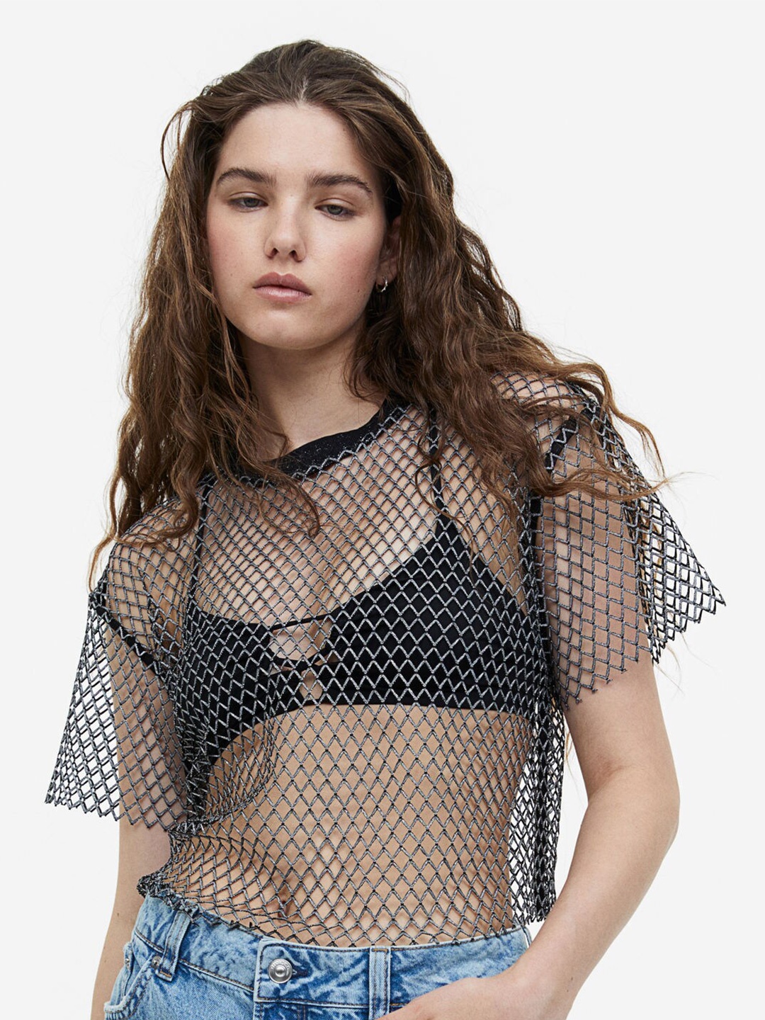 

H&M Glittery Net Top, Black