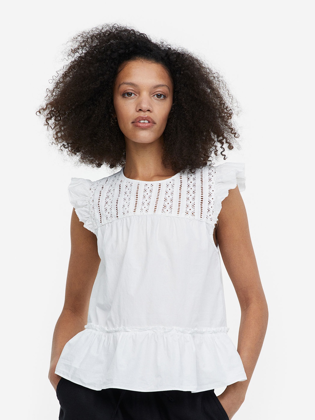 

H&M Cotton Flutter-Sleeved Top, White