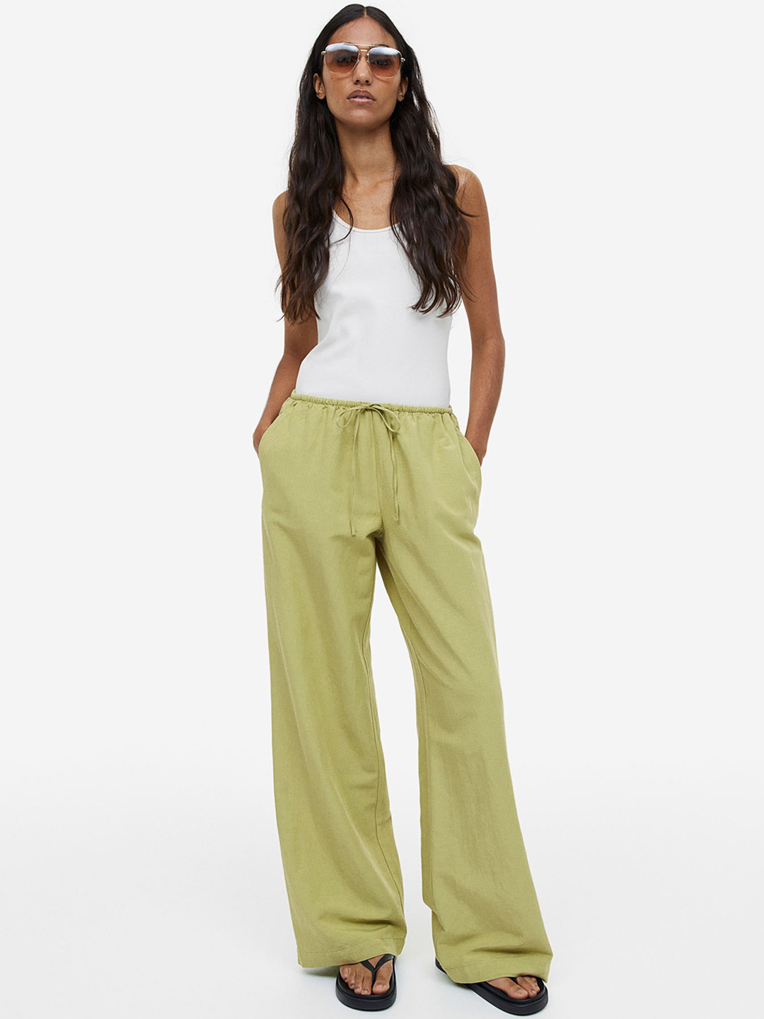 

H&M Linen-Blend Trousers, Lime green